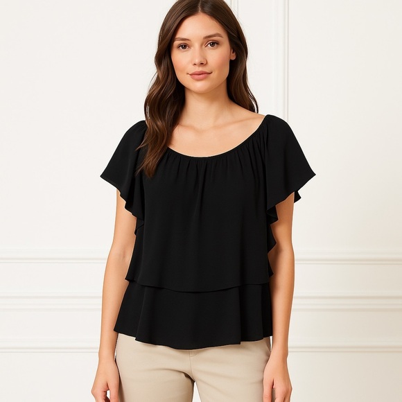 Scoop NYC Black Ruffle Flutter Sleeve Layered Blouse - Size Small - Picture 1 of 12